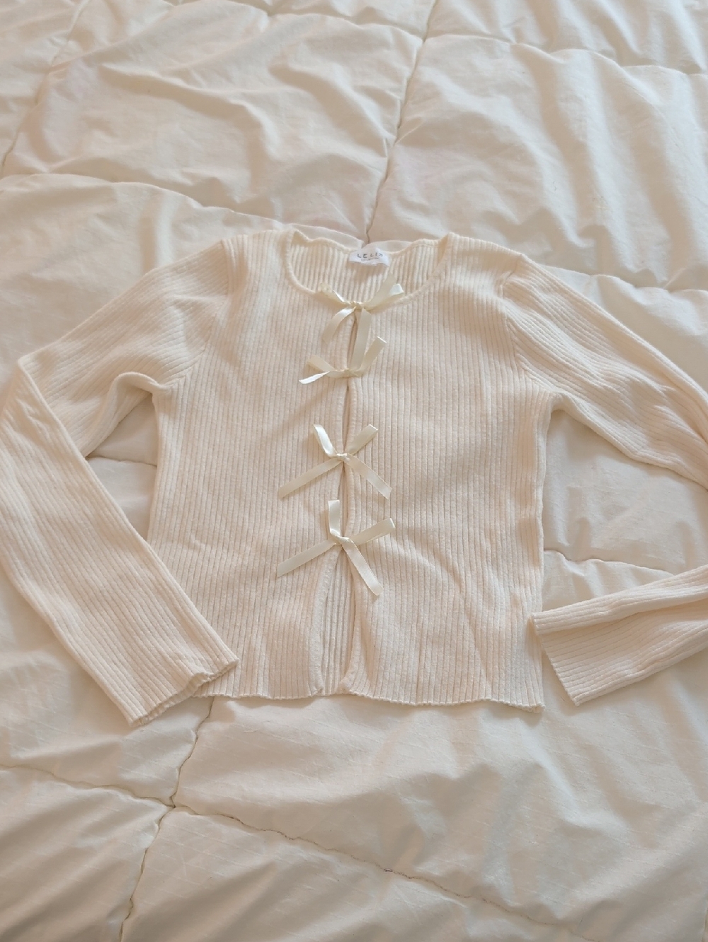 Le Lis Cream Ribbed Knit Top with Satin Bow Details